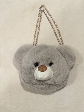 Plush Teddy Bear Crossbody Bag in Light Gray